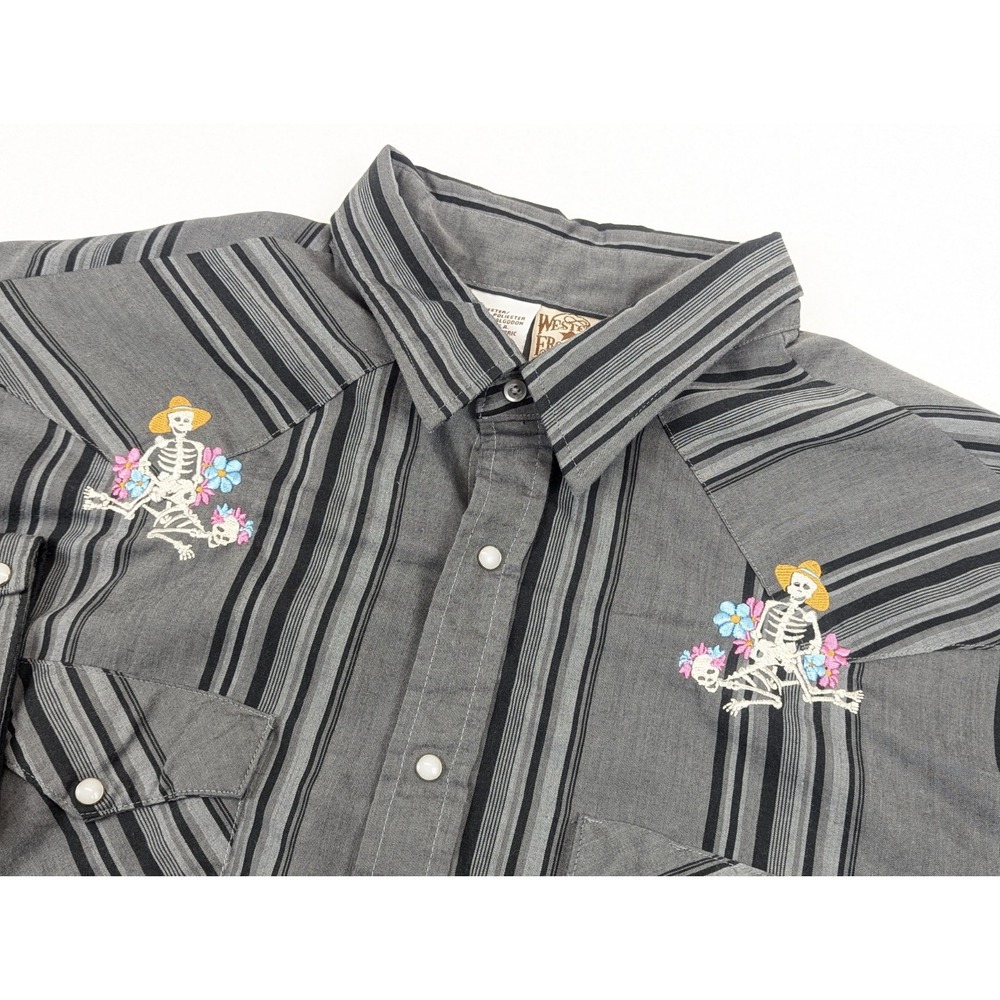 Western Frontier Mens 2XL Grey Striped Skeleton Floral‎ Embroidered Pearl Snap